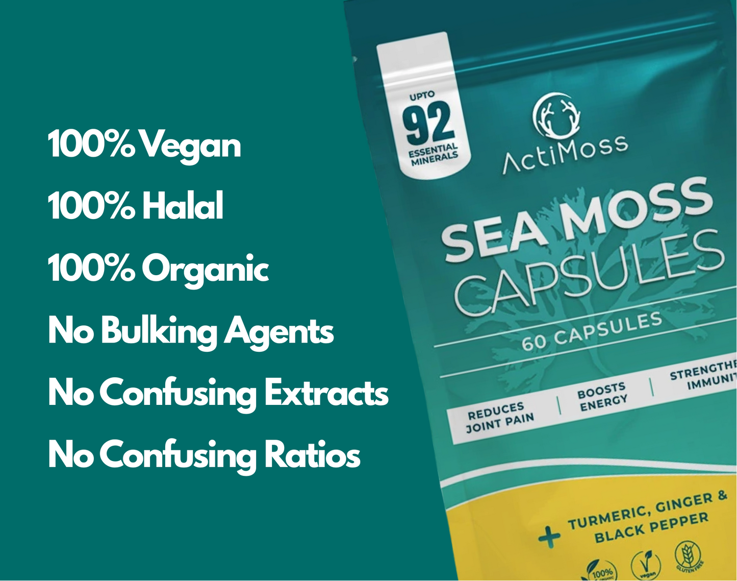ActiMoss Sea Moss Capsules + Turmeric, Ginger & Black Pepper (60 Capsules)